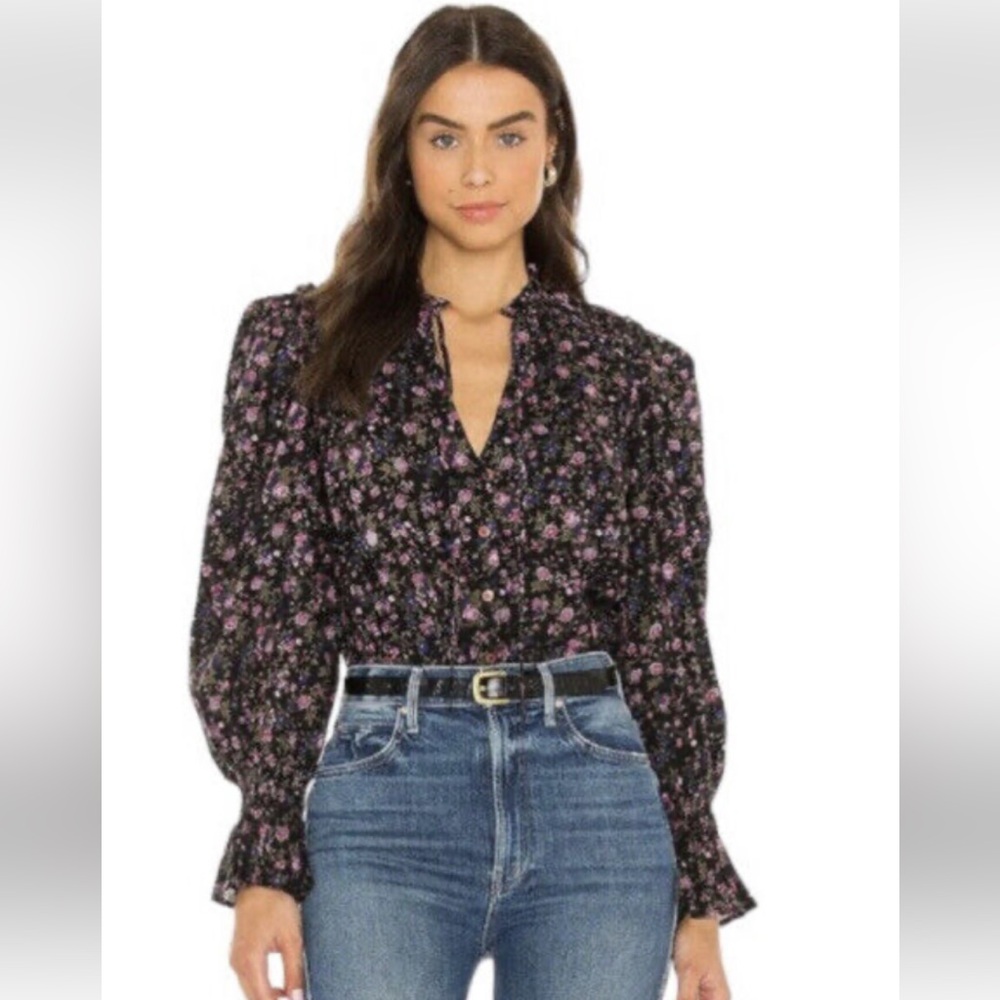 Free People Meant To Be Puff Sleeve Floral Blouse | Black & Purple | M